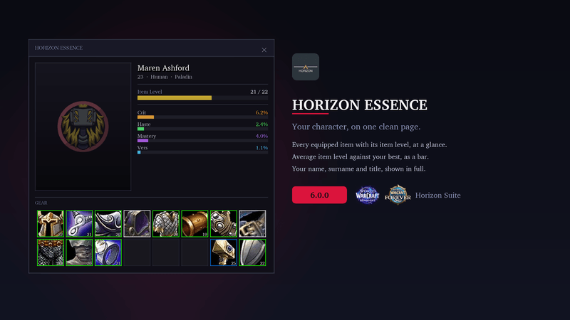 Horizon Essence in a mockup: a character panel for Maren Ashford, level 23 Human Paladin, with an item level bar reading 21 of 22, stat bars, and a two-row gear grid showing each item's level and quality. The model area holds a placeholder crest.