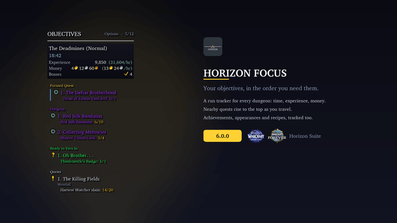 Horizon Focus in a mockup of the Deadmines: the objectives list groups a focused quest, the dungeon's quests, a quest ready to hand in and the rest, under a run banner showing 18 minutes 42 inside, 9,850 experience at 31,604 an hour, money per hour and 4 bosses down.