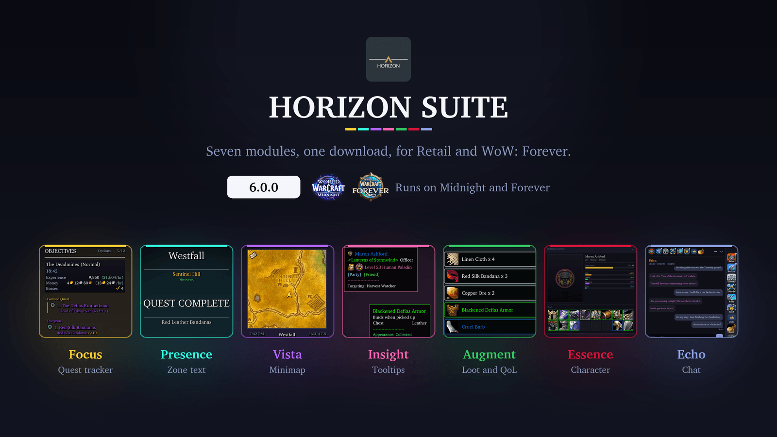Horizon Suite 6.0.0 promo card: the Horizon logo and wordmark over the line Seven modules, one download, for Retail and WoW: Forever, the Midnight and WoW: Forever logos, and a colour-coded card for each module: Focus quest tracker, Presence zone text, Vista minimap, Insight tooltips, Augment loot and QoL, Essence character and Echo chat.
