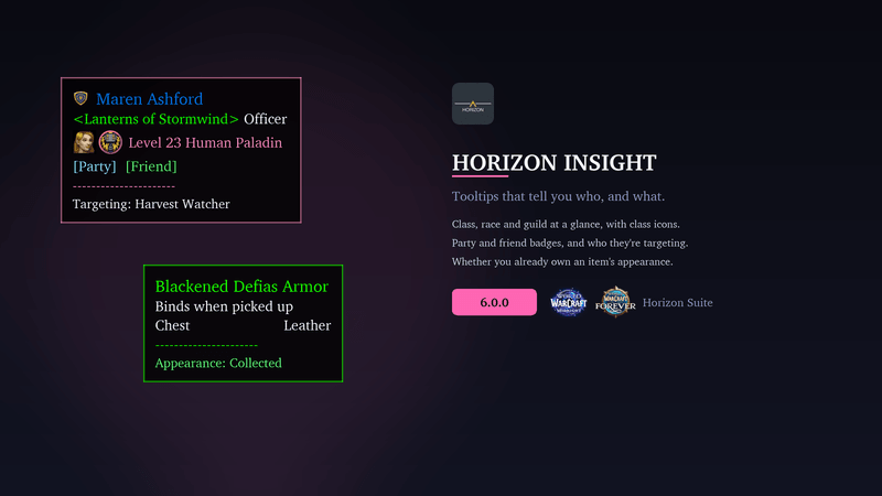 Horizon Insight tooltips in a mockup: a player tooltip for Maren Ashford, Officer of Lanterns of Stormwind, a level 23 Human Paladin with class and race icons, party and friend badges, and targeting Harvest Watcher; beside it an item tooltip for Blackened Defias Armor ending in Appearance: Collected.