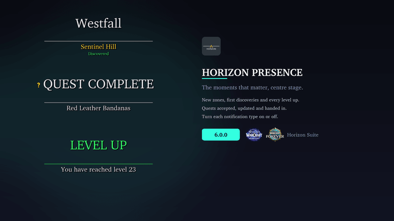 Horizon Presence banners in a mockup: Westfall with Sentinel Hill discovered, a Quest Complete banner for Red Leather Bandanas, and a green Level Up banner reading you have reached level 23.