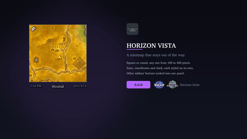 Horizon Vista in a mockup: a square minimap of Westfall around Sentinel Hill, with the clock at 7:42 PM, the zone name and coordinates 56.3, 47.8 in a strip underneath. The map terrain is Wowhead's Classic world map standing in for minimap art.